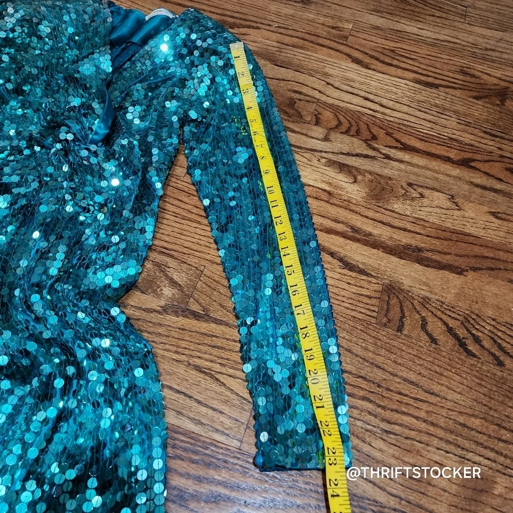 Vintage 80s Oleg Cassini Sequin Teal Dress - Picture 7 of 8